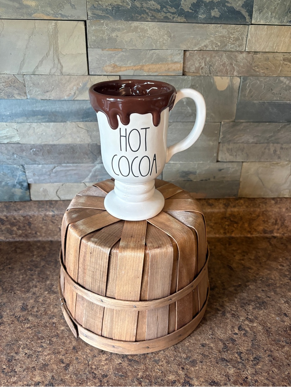 Rae Dunn White Ceramic Hot Cocoa Mug with Brown Drip Trim